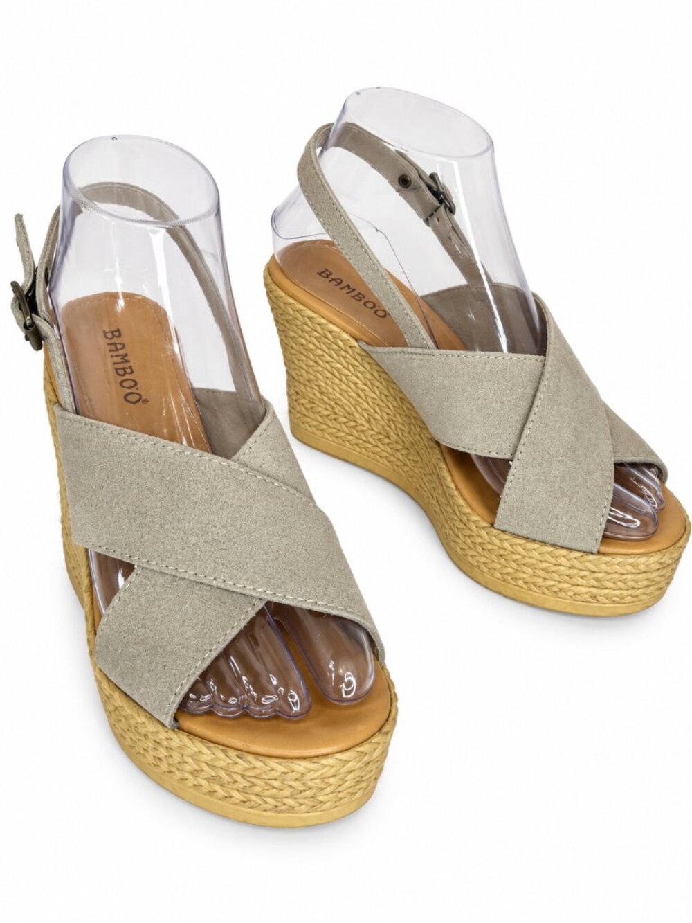 BAMBOO Crossband Wedge Sandals in Taupe with Natural Espadrille Platform